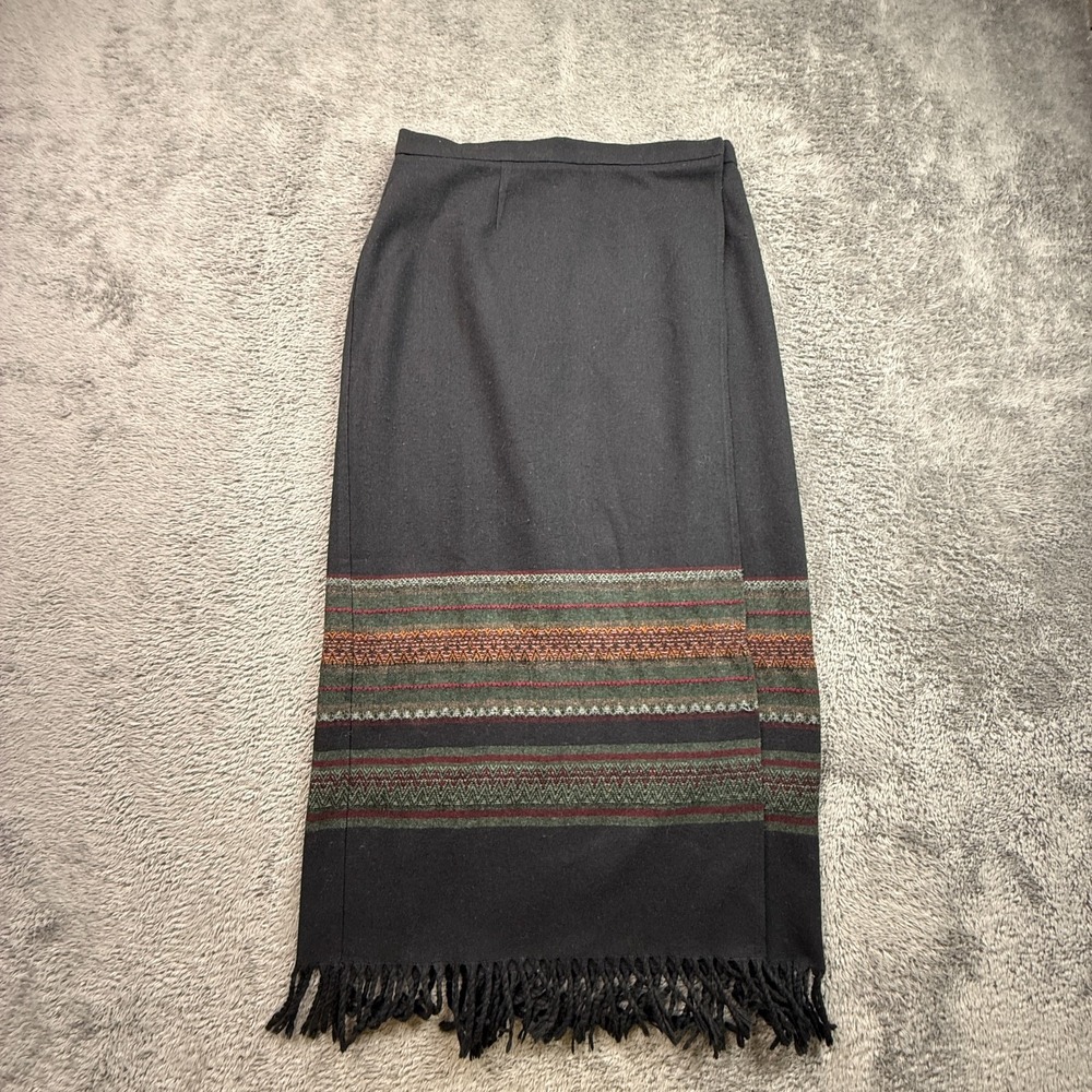 Vintage David Loren Wool Blend Wrap Skirt Fringe Hem Black Striped Womens 8P USA